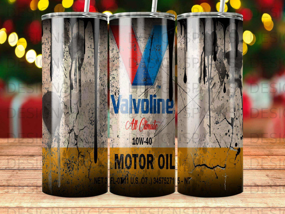 Valvoline All Climate 10W-40 motor oil tumbler with oil splatter design.
