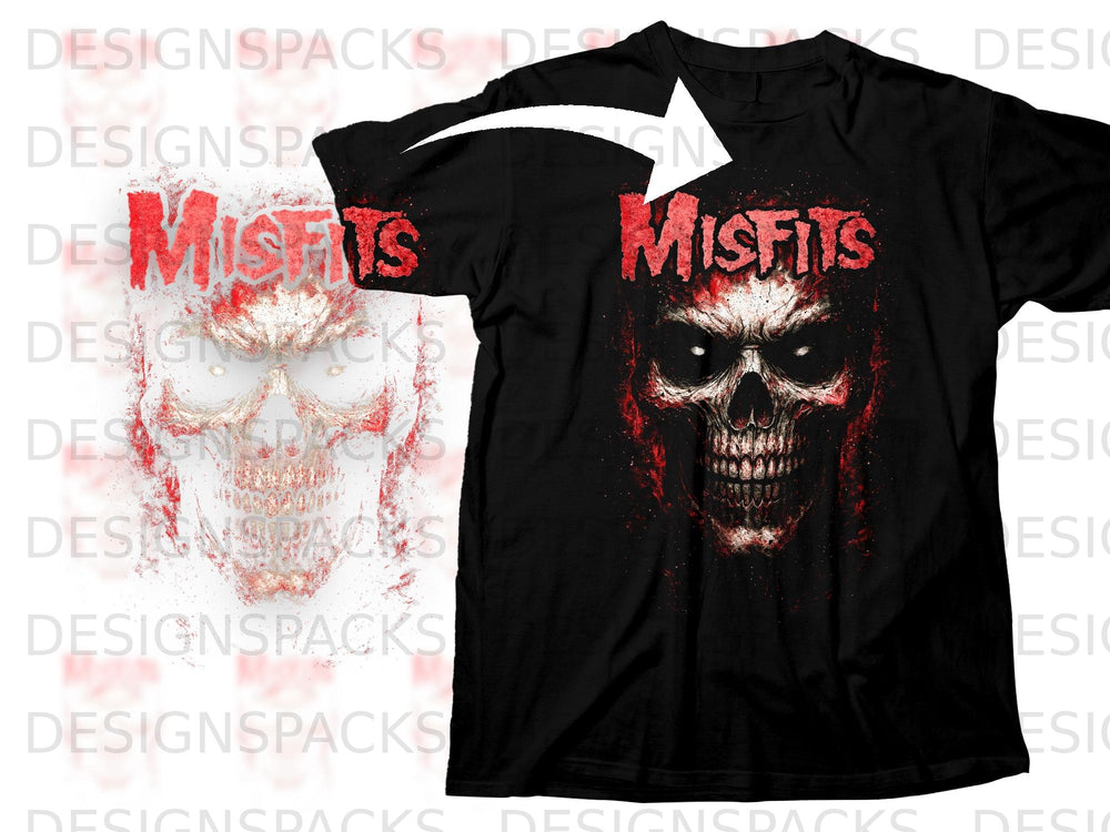 Black t-shirt with red "Misfits" text and a skull graphic.