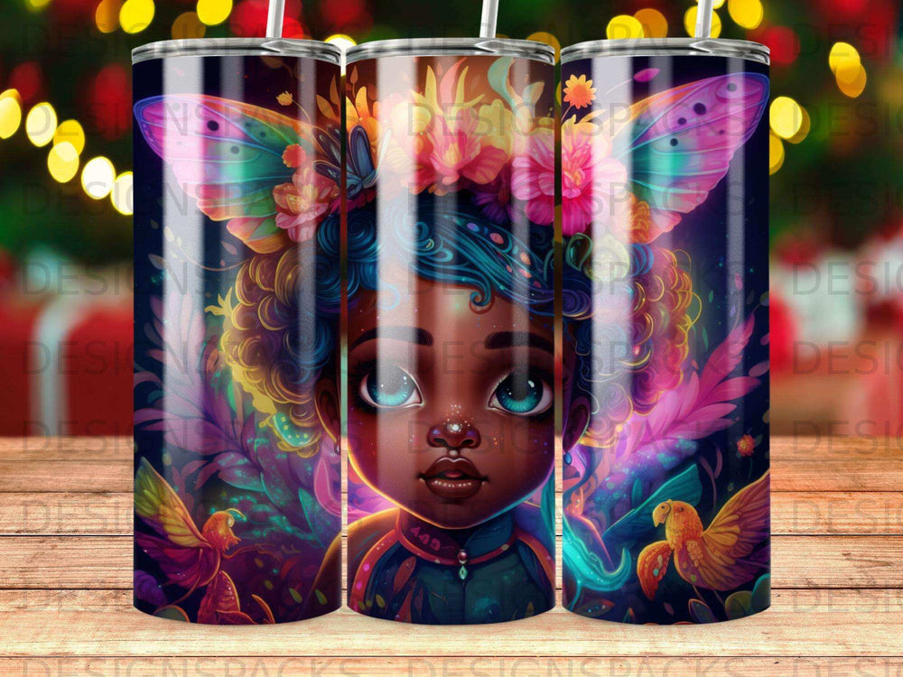 Child with butterfly wings and vibrant floral headdress on patterned tumbler.