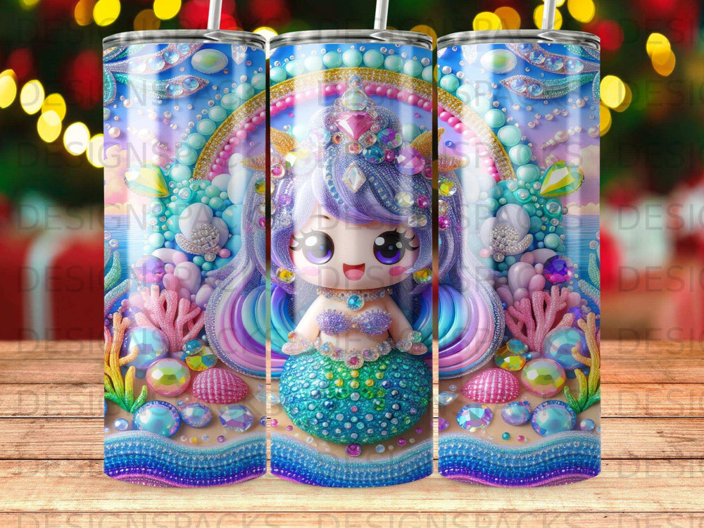 Mermaid with colorful hair and tail surrounded by pearls and ocean elements.