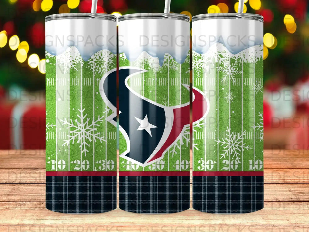 Houston Texans logo on a tumbler with plaid and snowflake background.