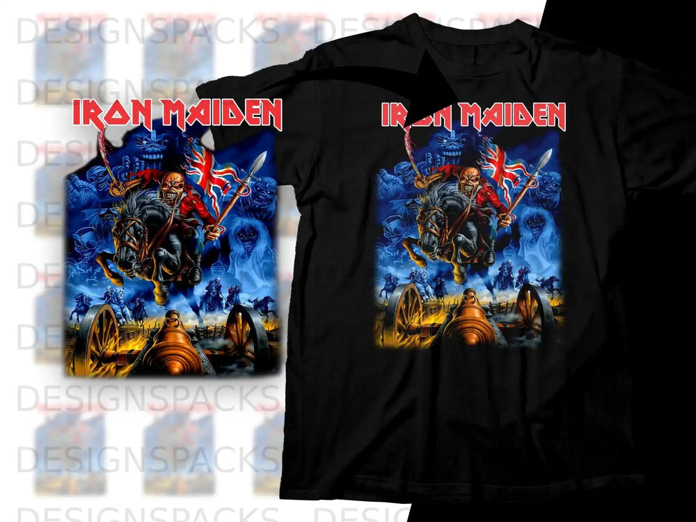 Iron Maiden t-shirt graphic with skull, knight, and cannons.