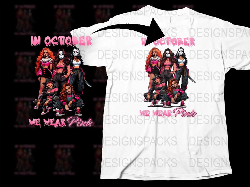 In October We Wear Pink Halloween Themed T-Shirt, Witch and Cat Graphic Tee, Spooky Cute Party Costume Shirt