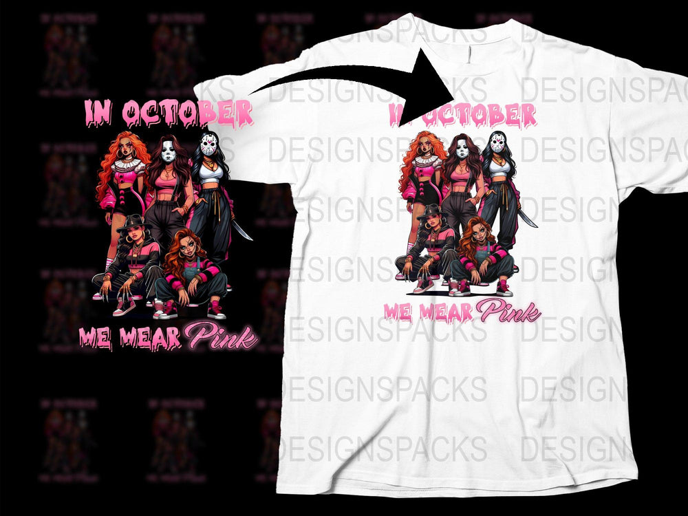 In October We Wear Pink Halloween Themed T-Shirt, Witch and Cat Graphic Tee, Spooky Cute Party Costume Shirt