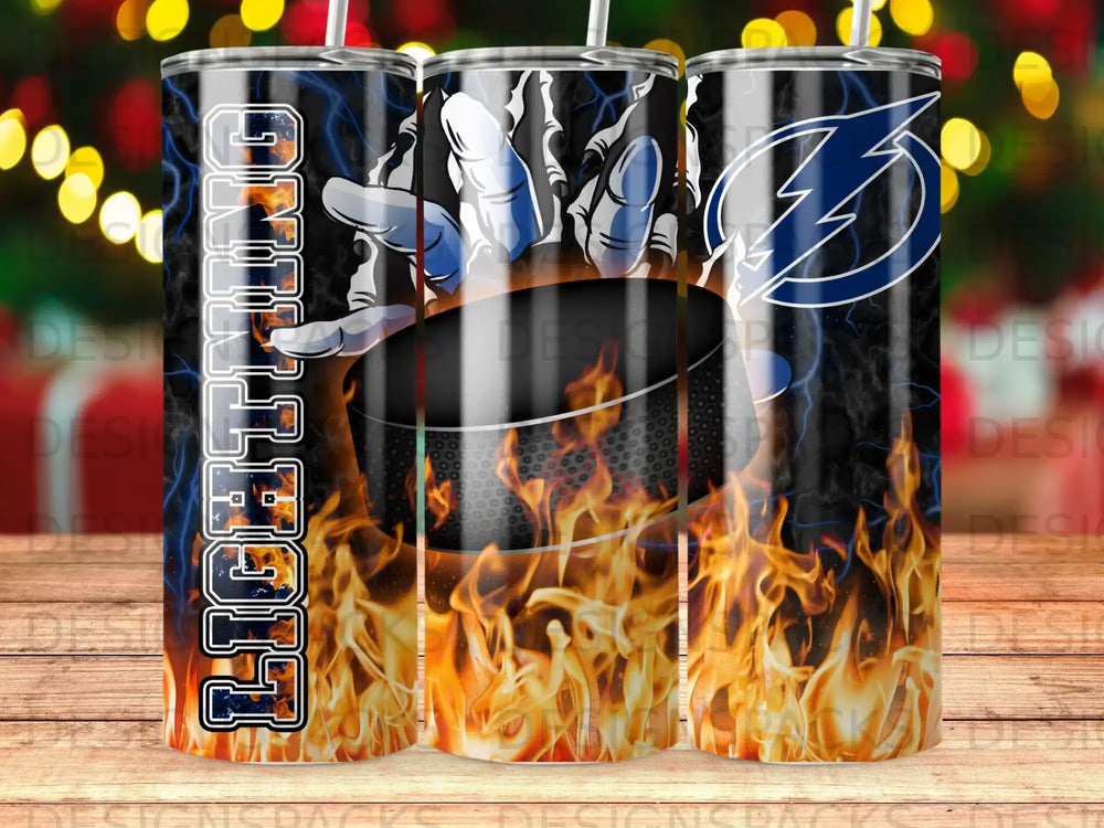 Tampa Bay Lightning logo with flames and lightning bolts on a tumbler.