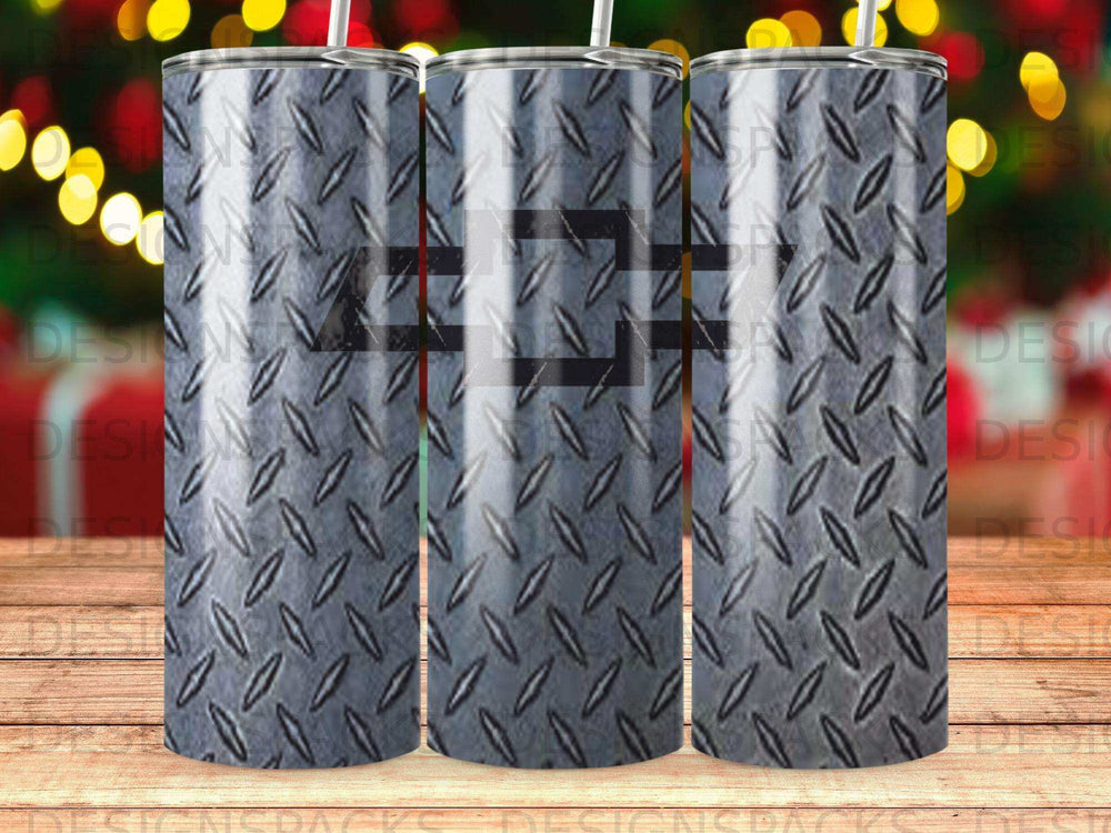 Diamond plate pattern with Chevrolet logo on a tumbler.