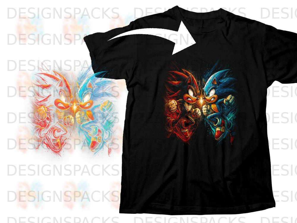 Black t-shirt with Sonic and Shadow fighting art print.