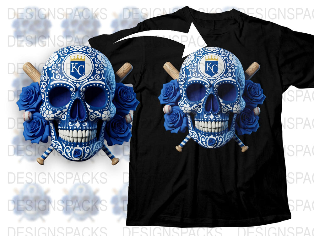 Blue Floral Skull T-Shirt, KC Crossed Baseball Bats, Gothic Rose Design, Unisex Black Tee