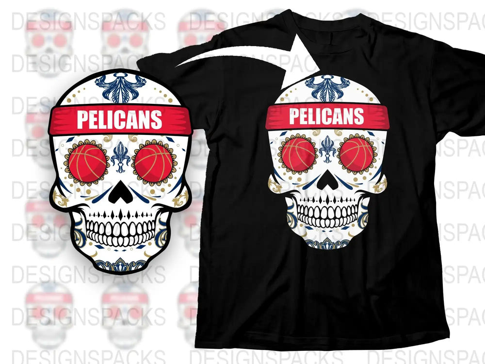 Pelicans Skull Graphic T-Shirt, Bold Red Blue White Design, Unisex Casual Wear, Trendy Skull Tee
