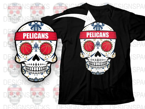 Pelicans Skull Graphic T-Shirt, Bold Red Blue White Design, Unisex Casual Wear, Trendy Skull Tee