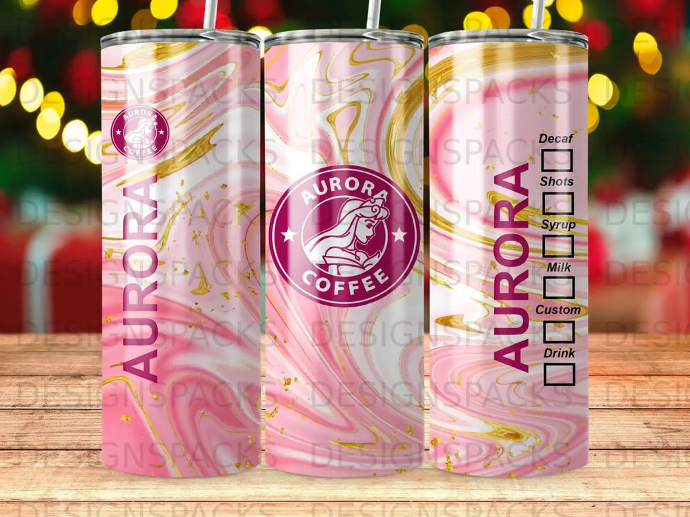 Aurora Coffee cup with pink marble design and text labels for drink customization.