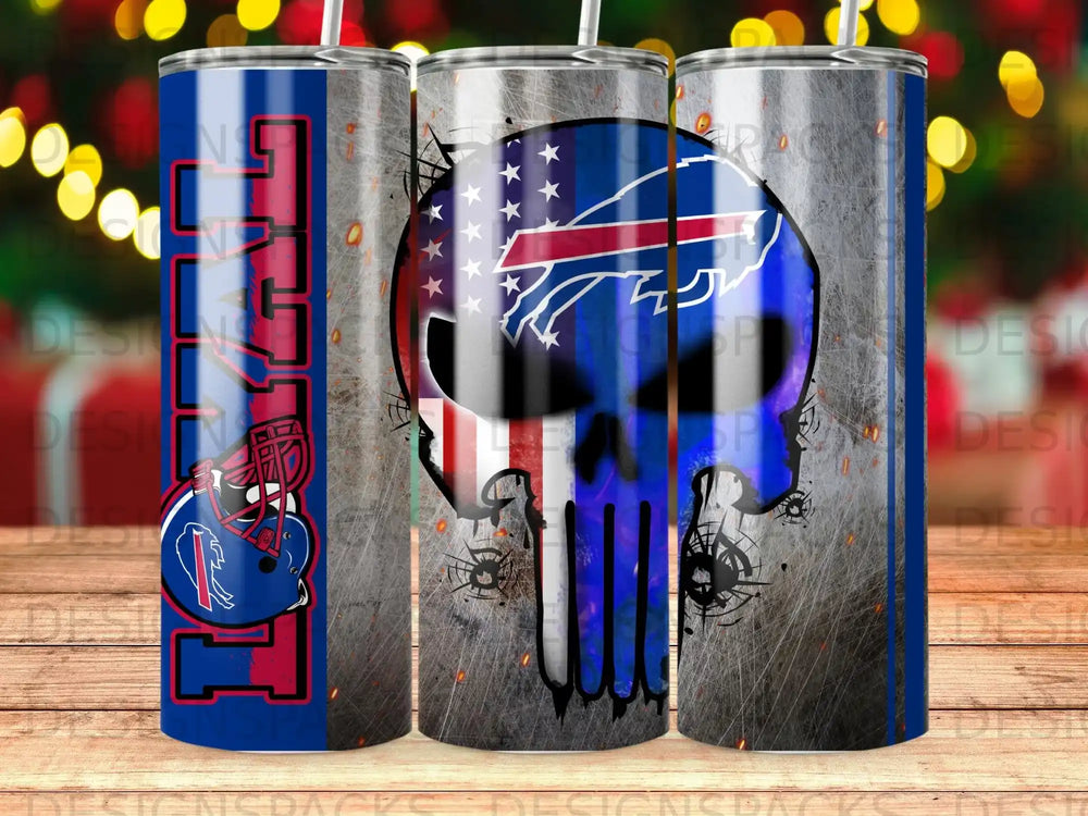 Buffalo Bills skull tumbler with American flag design.