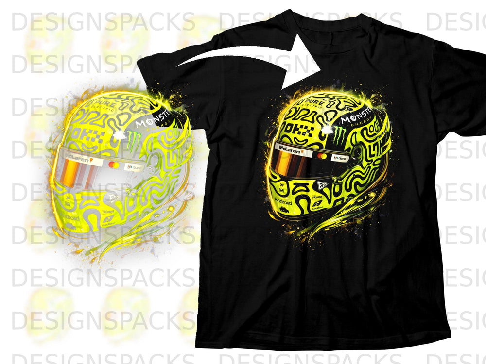 Black t-shirt featuring a bright yellow and green racing helmet graphic with various logos.
