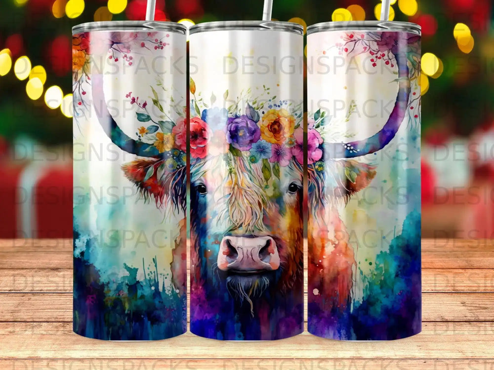Watercolor Highland cow wearing floral crown, on colorful abstract background.