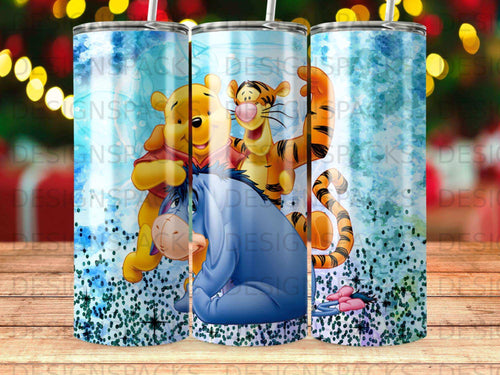 Winnie the Pooh and Tigger hug Eeyore on a glittery blue background.