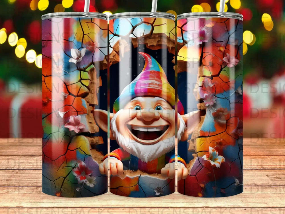 Smiling gnome with a colorful hat peeks through a cracked rainbow wall.