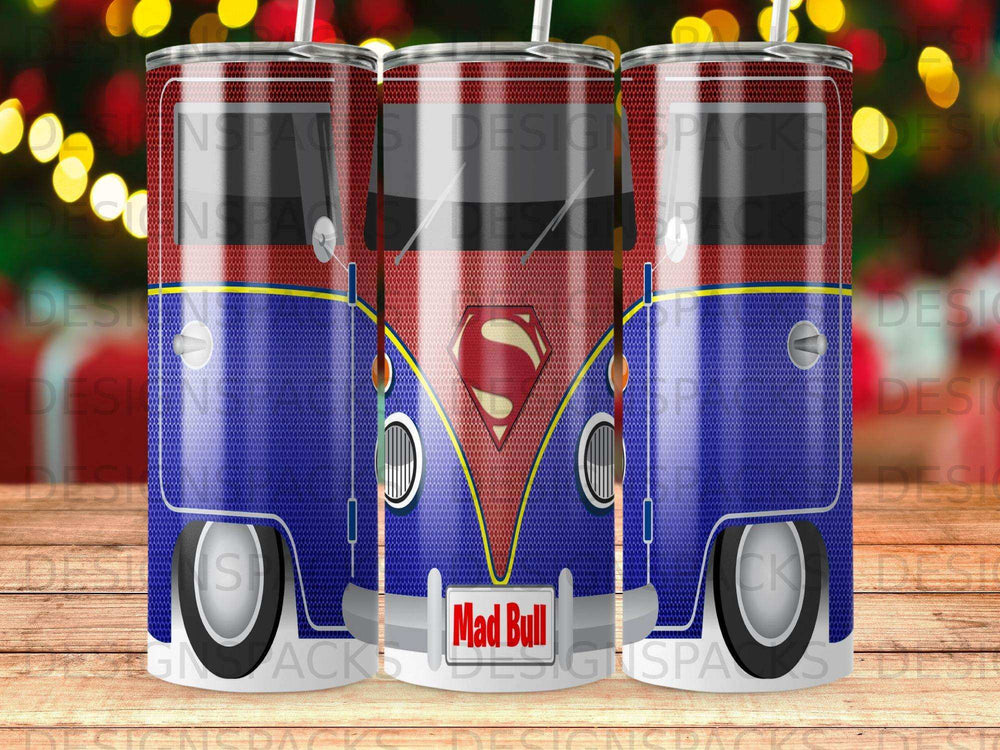 Blue and red van with Superman logo and "Mad Bull" text.