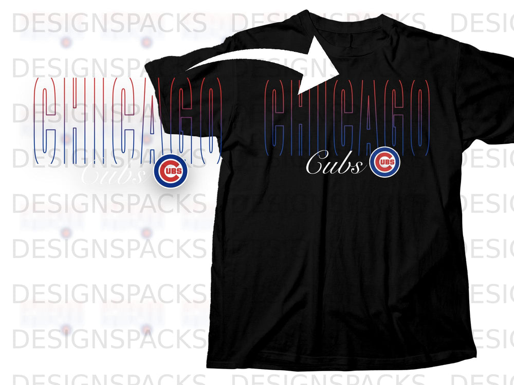Black t-shirt with blue and red "CHICAGO CUBS" text and logo.