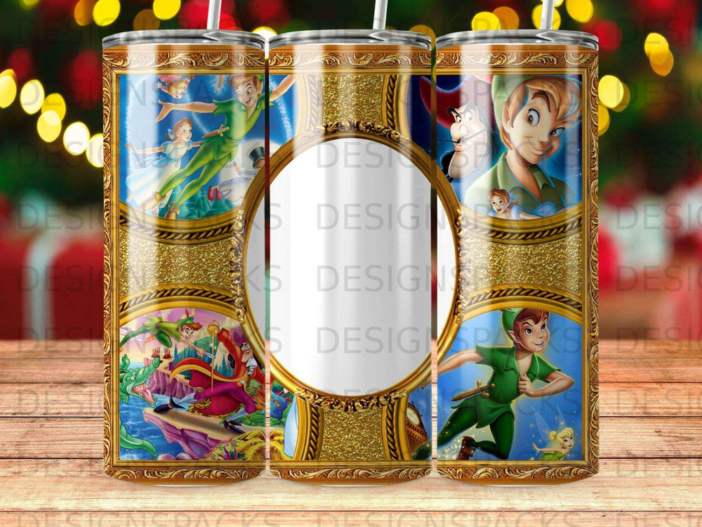 Peter Pan characters in a patterned frame on a tumbler design.