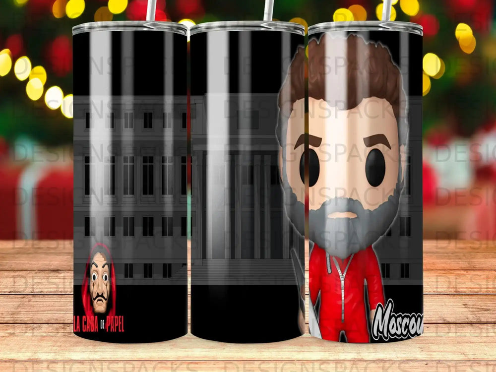 La Casa de Papel mug with character in red jumpsuit and cityscape background.
