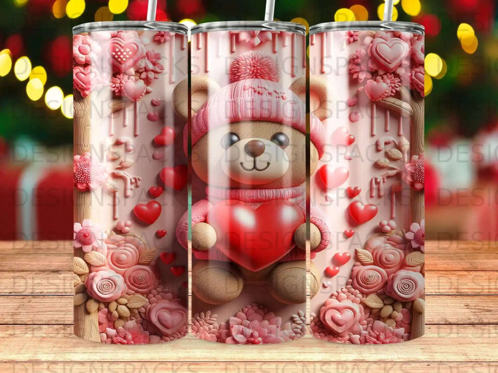 Pink teddy bear in a hat holding a heart, surrounded by flowers and hearts.