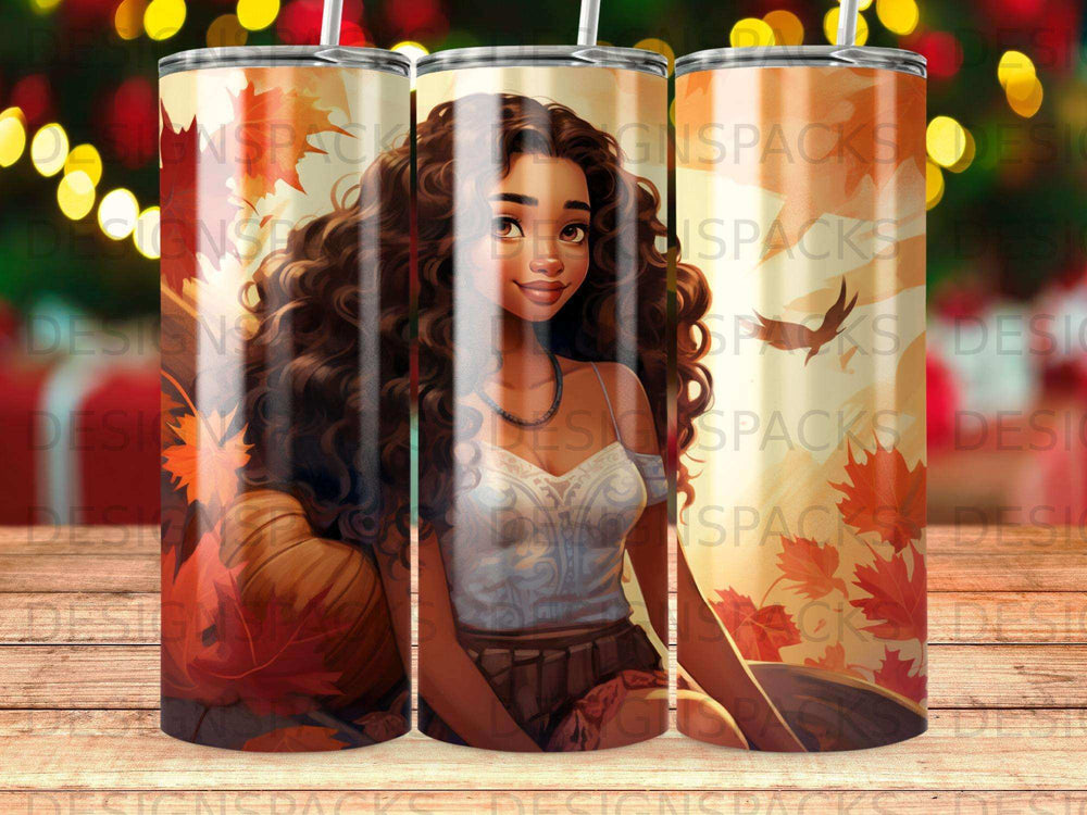 Cartoon woman with long curly hair and autumn leaves, on a tumbler.