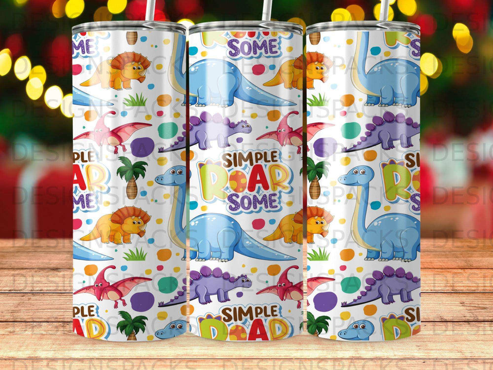 Three tumblers with a dinosaur pattern and "Simple, Dear, Some" text.