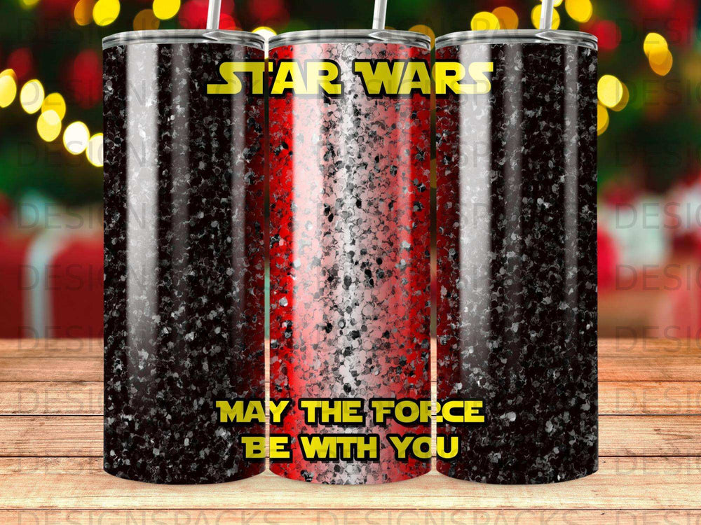 Star Wars tumbler with red and black glitter, "May the Force Be With You."