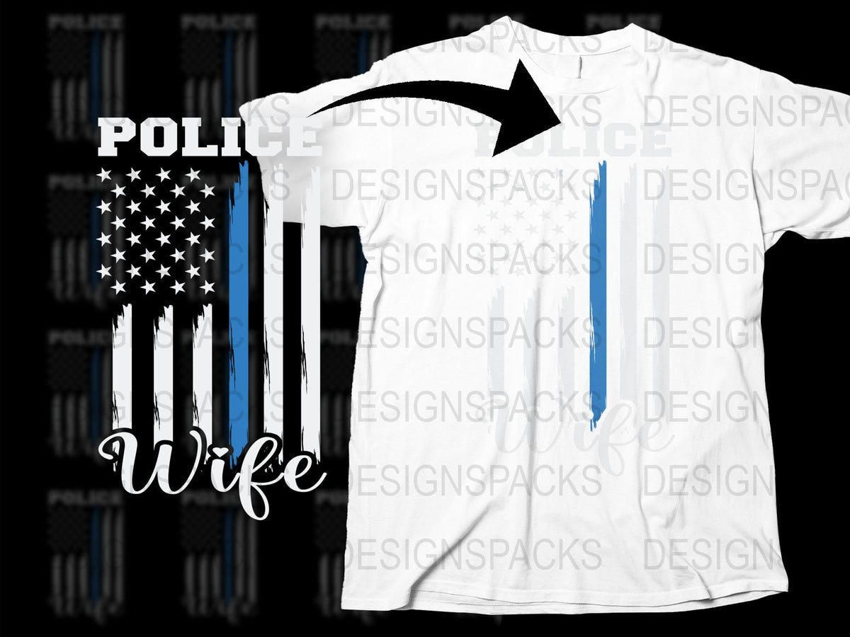 Police Wife T-Shirt, Thin Blue Line American Flag, Law Enforcement Support, Patriotic Graphic Tee, Gift for Her, Officer Spouse Top
