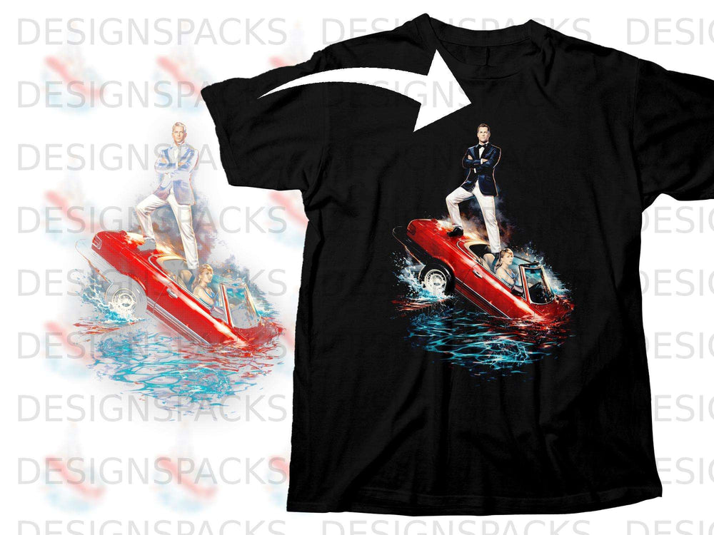 Man in tuxedo stands on red convertible driving through water with woman.