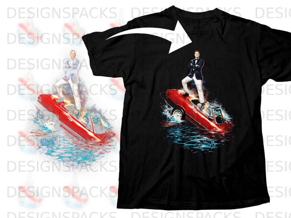 Man in tuxedo stands on red convertible driving through water with woman.