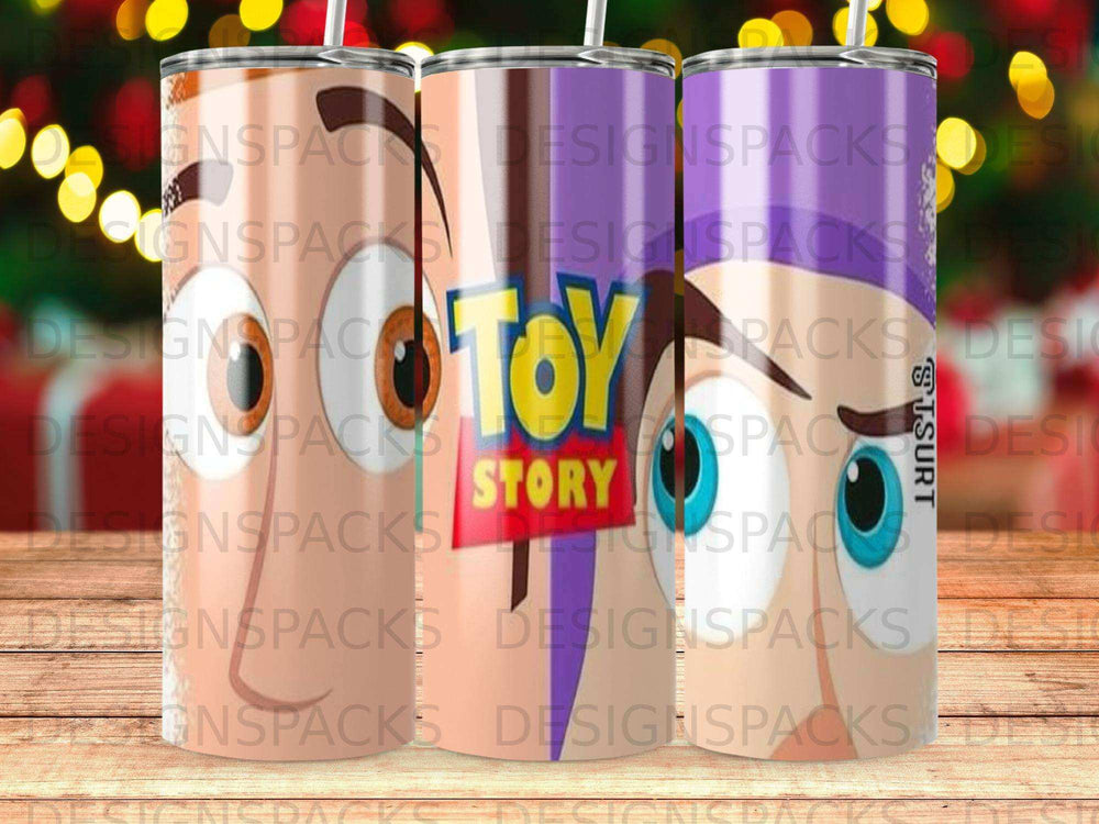 Toy Story tumbler with Woody, Buzz Lightyear, and the Toy Story logo.