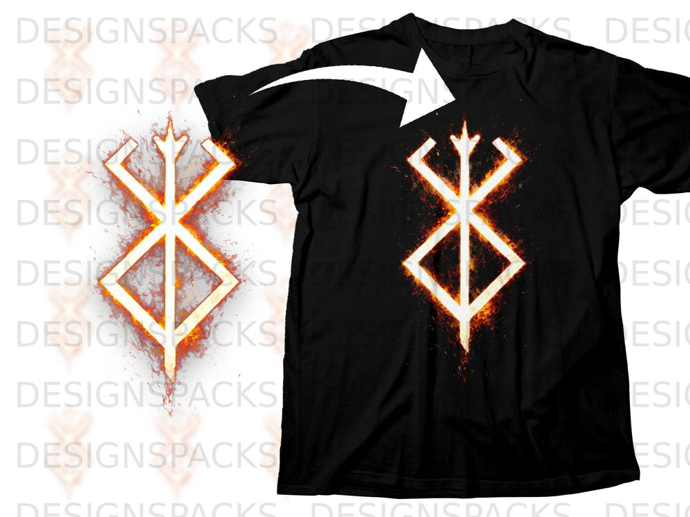 Black t-shirt with a white symbol engulfed in orange flames.