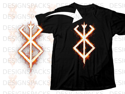Black t-shirt with a white symbol engulfed in orange flames.