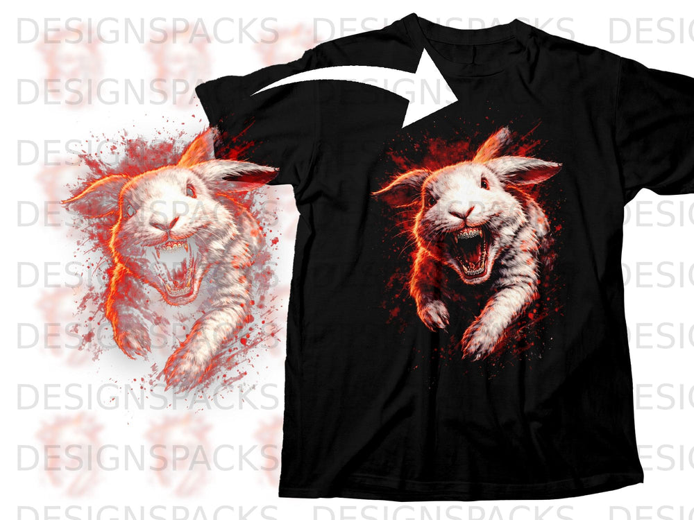 Black t-shirt featuring a graphic of an aggressive white rabbit with braces.