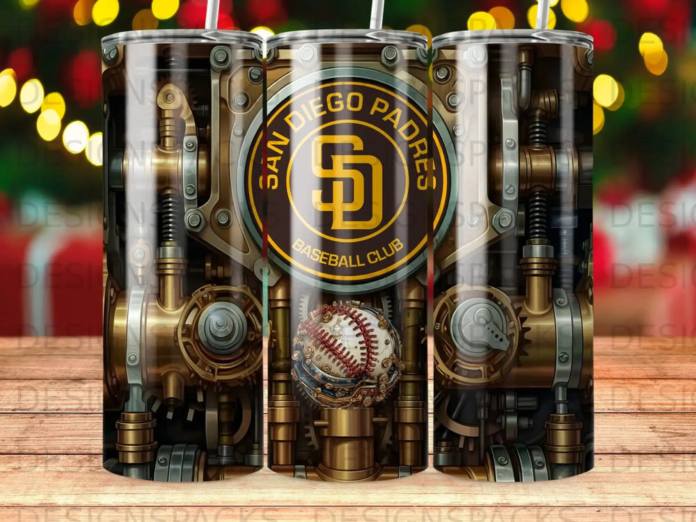 San Diego Padres baseball tumbler with steampunk mechanical accents.