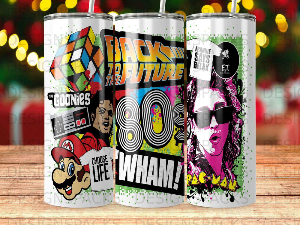 Retro 80s pop culture tumbler featuring Back to the Future, Goonies, E.T., and Pac-Man.