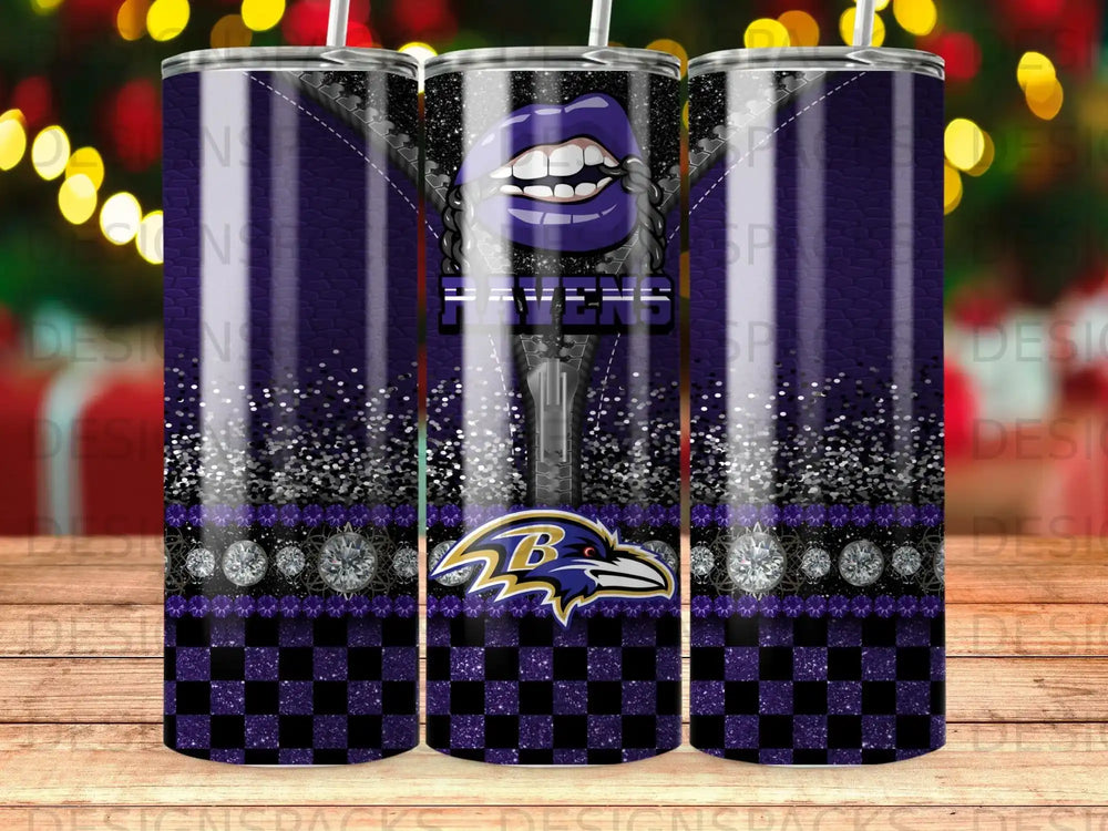 Baltimore Ravens purple tumbler with glitter, diamonds, and lips.