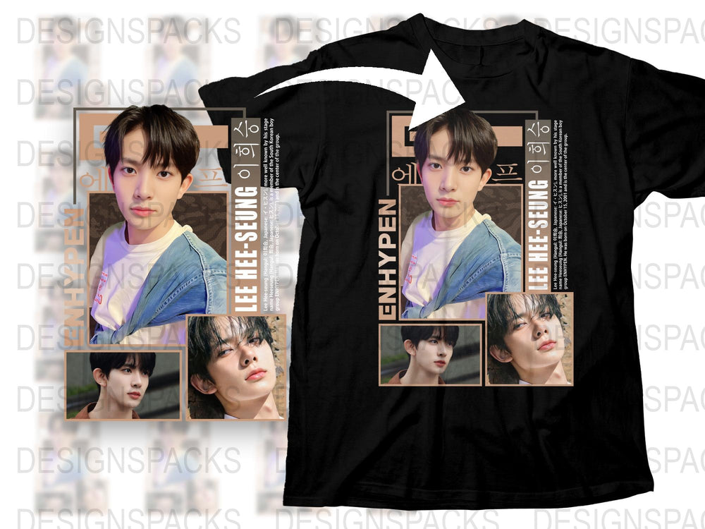 ENHYPEN Lee Heeseung Printed T-Shirt, K-Pop Idol Tee, Fan Merch, Black Unisex Shirt with Photos, Casual Fashion Top.