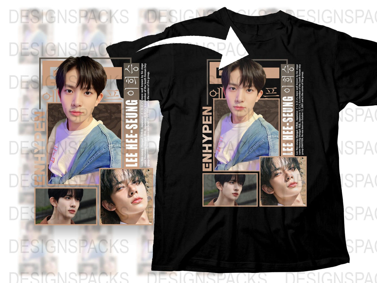 ENHYPEN Lee Heeseung Printed T-Shirt, K-Pop Idol Tee, Fan Merch, Black Unisex Shirt with Photos, Casual Fashion Top.