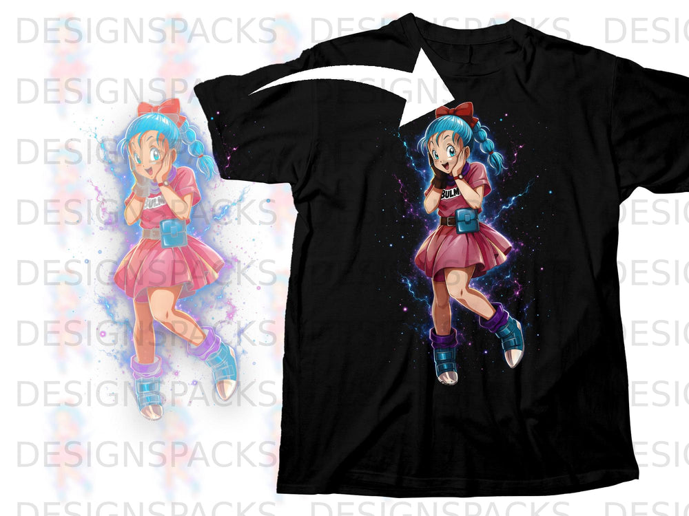 Black t-shirt with anime character Bulma in pink outfit and blue braided hair.
