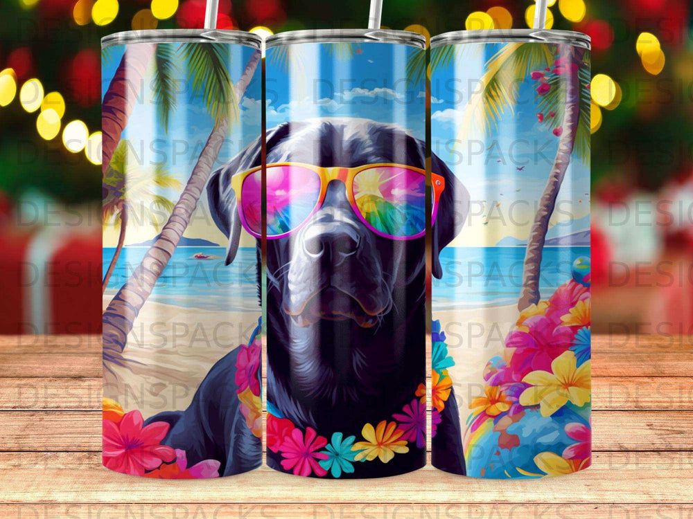 Black Labrador wearing sunglasses and a lei on a beach.