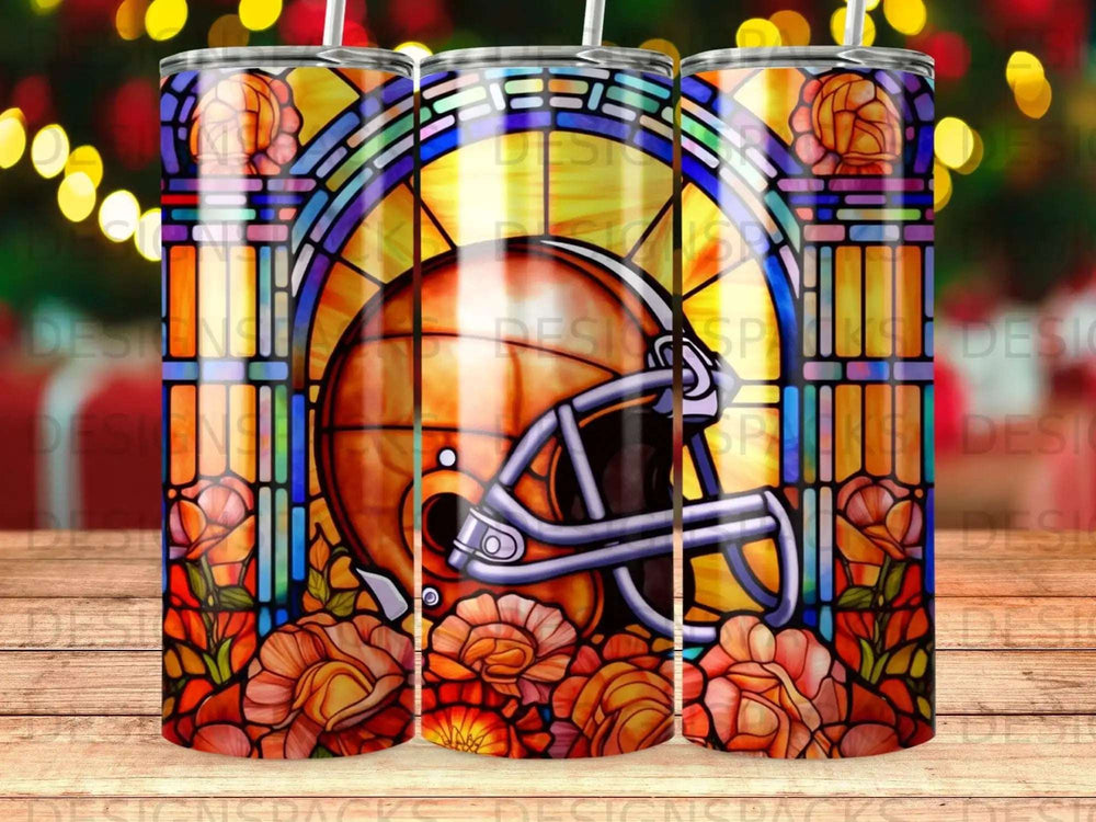 Stained glass football helmet with floral accents on wood grain background.