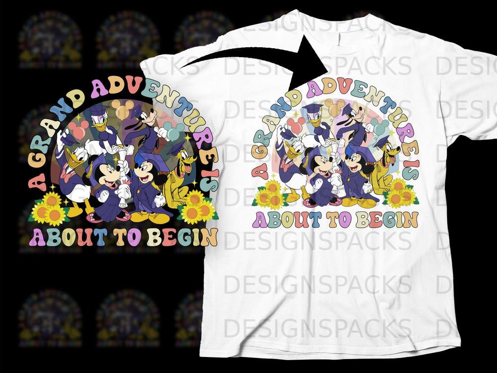 Mickey, Minnie, Donald, Daisy, and Goofy in graduation attire, with text "A Grand Adventure About to Begin".