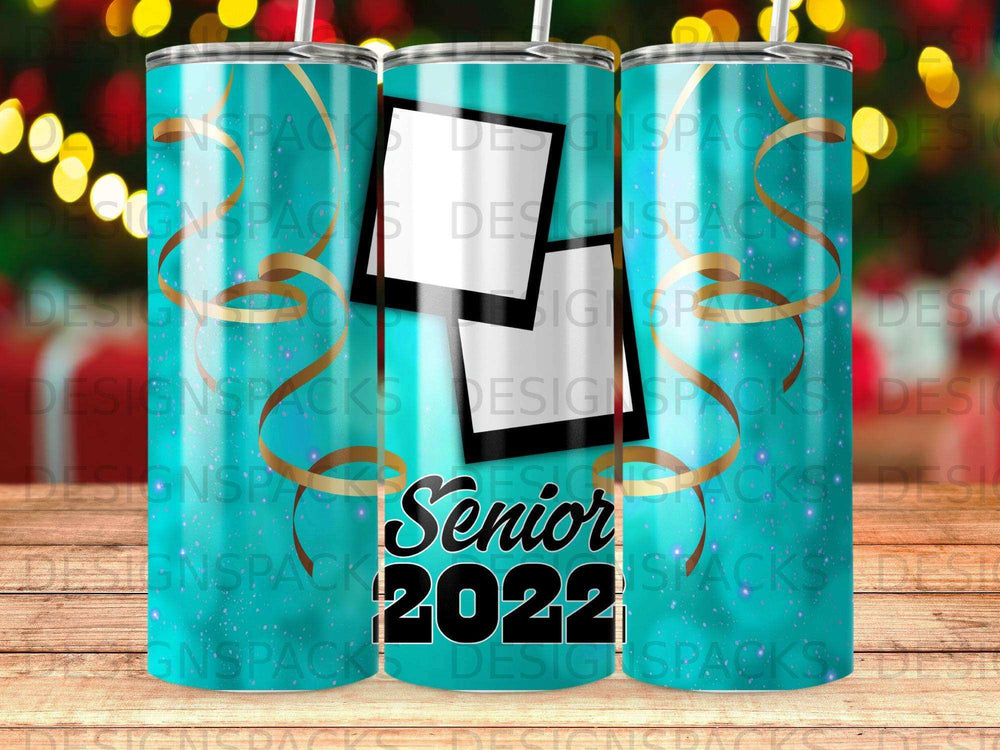 Tumbler with "Senior 2022" and ribbon graphics.