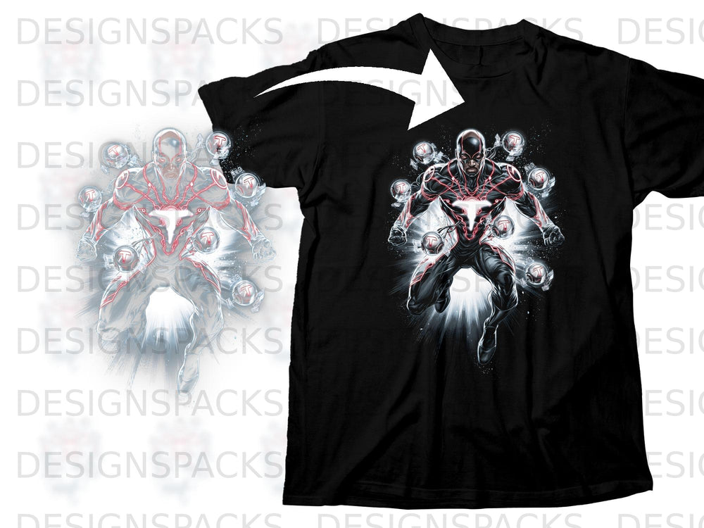 Black t-shirt with graphic of a superhero surrounded by orbs, glowing with red accents.
