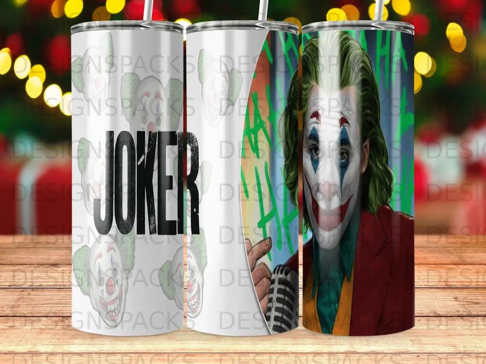 Joker's face with green hair and red smile, on a tumbler.
