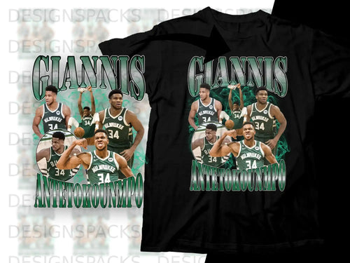 Giannis Antetokounmpo graphic t-shirt with Milwaukee Bucks colors.