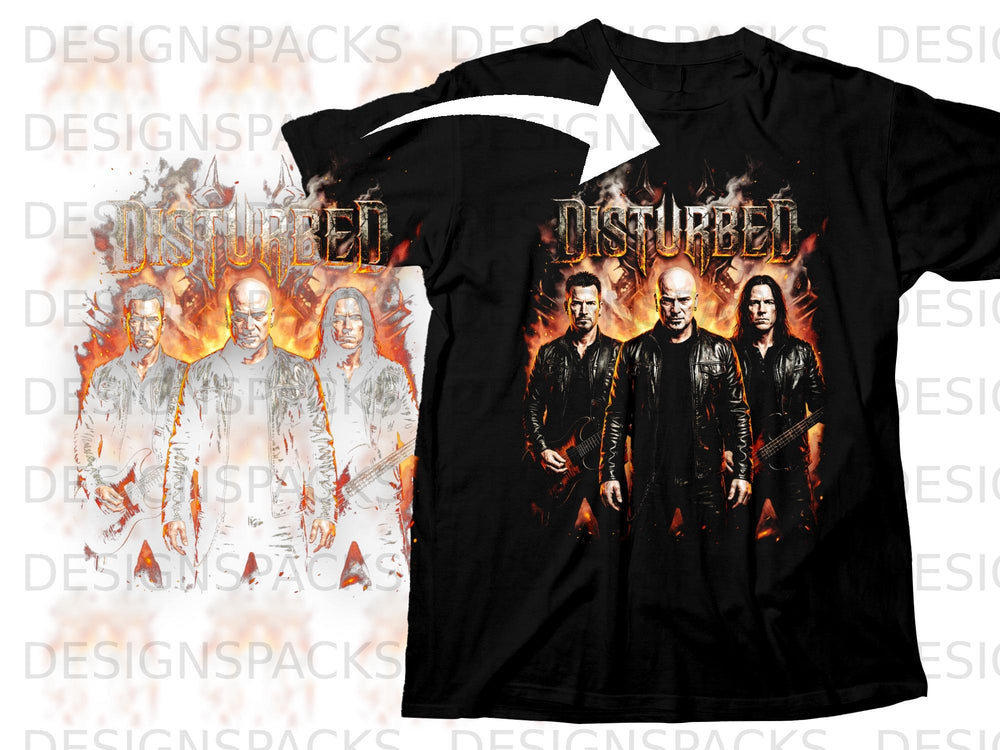 Black t-shirt with Disturbed band members and fiery graphics.