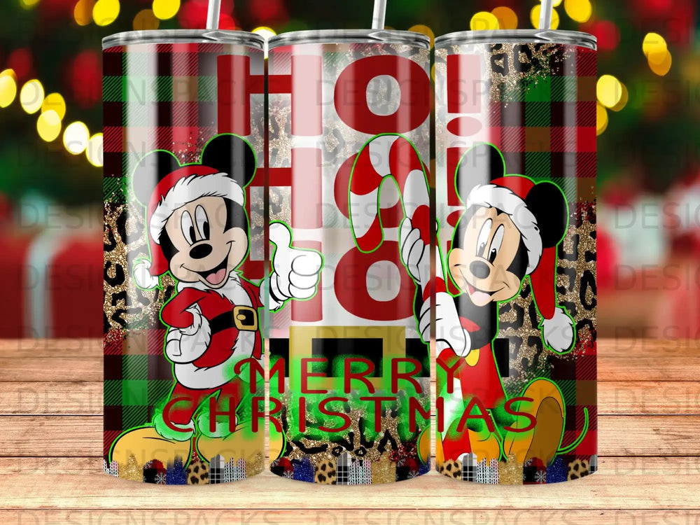 Mickey Mouse in Santa suit holding candy cane and giving thumbs up on festive background.